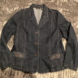 Vintage Bob Mackie Women’s Embellished Dark Wash Denim Jacket, Blue, Size XL